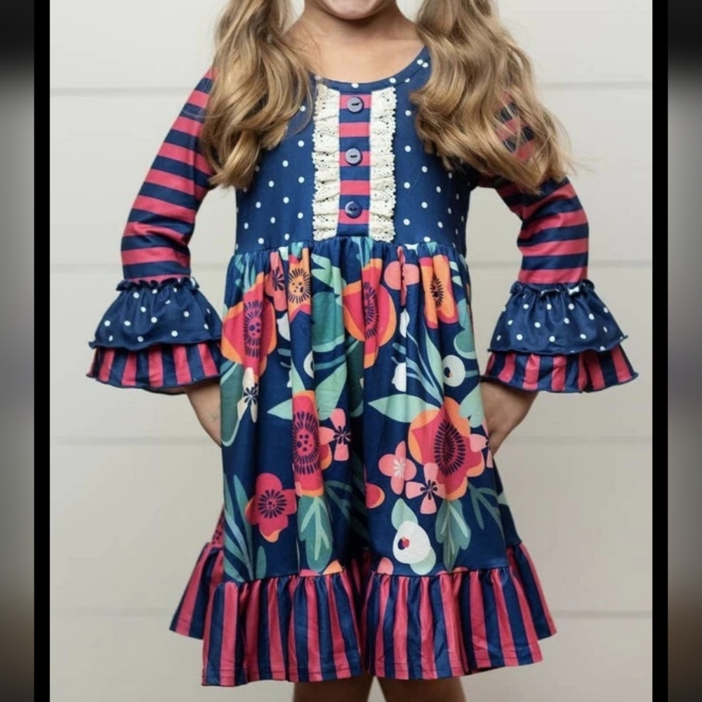 Red and Blue Ruffled Tiered Casual Dress